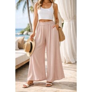 Chouyatou Blush Pink Wide Leg Pants Women XL | Flowing Palazzo Lounge Minimalist
